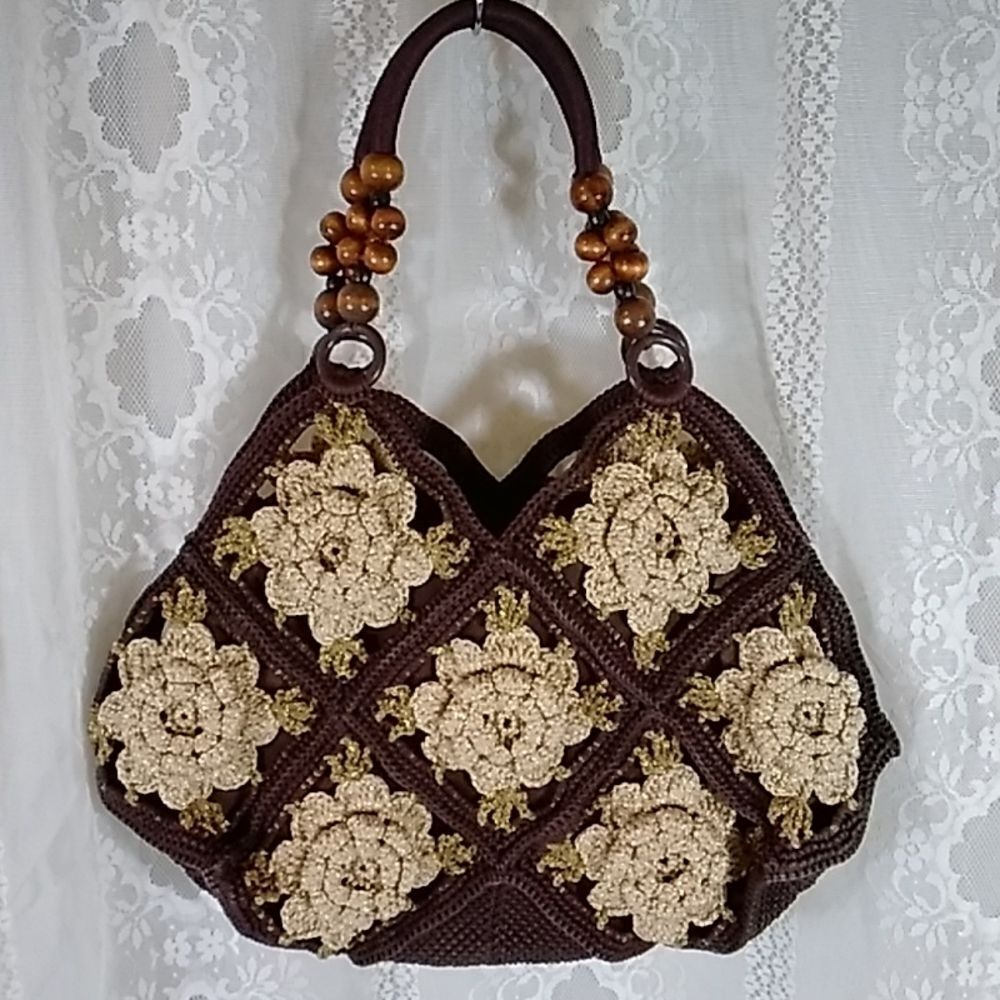 VTG, Crochet Style Retro Handmade Floral Handbag And Shoulder Bag Brown And Gold - Picture 3 of 14